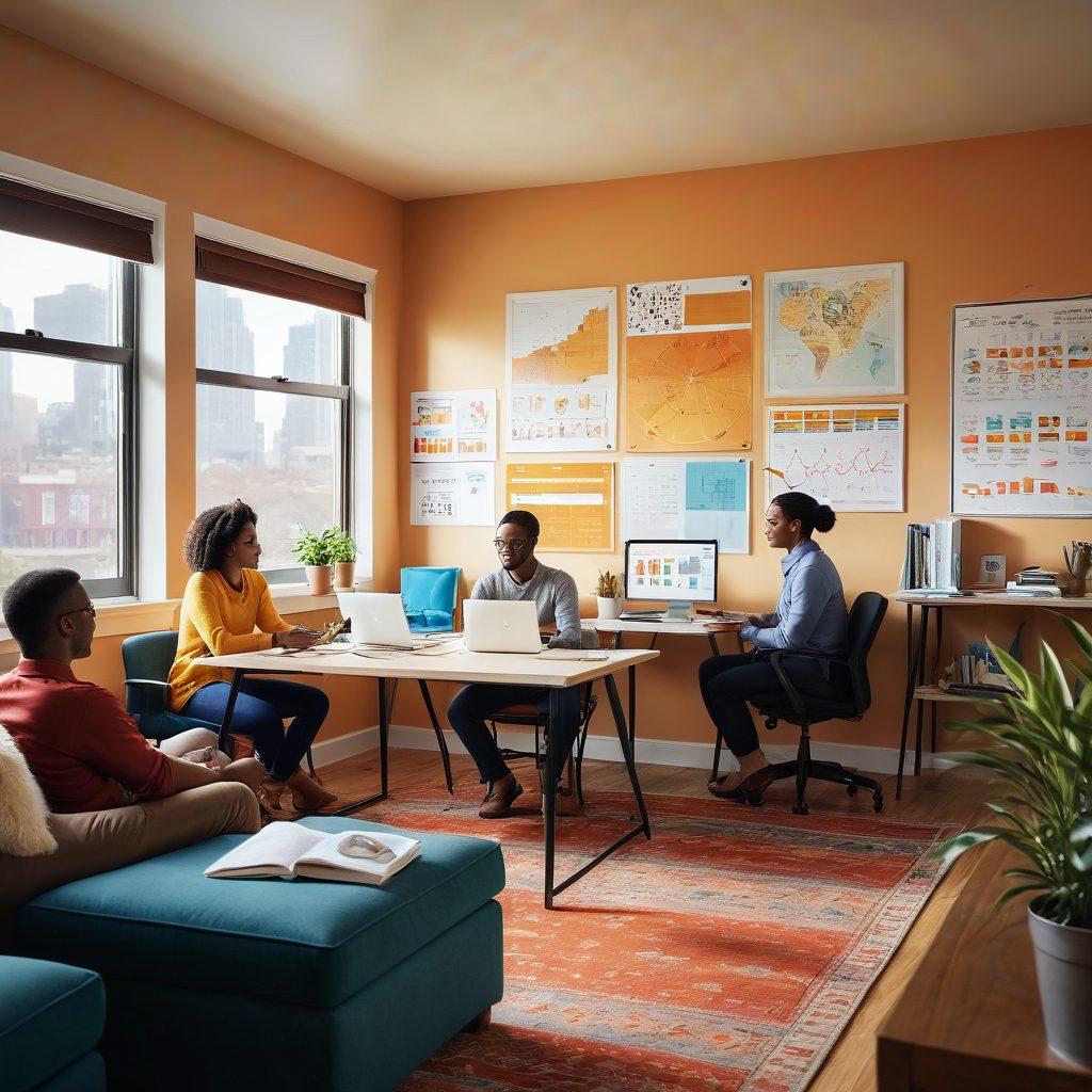 A collage of diverse people discussing insurance options in a cozy office setting, surrounded by charts and graphs representing different insurance plans. Include vibrant icons of health, auto, and home insurance to symbolize affordability and accessibility. Bright sunlight streaming through a window adds warmth to the environment. super-realistic. vibrant colors. cozy atmosphere.