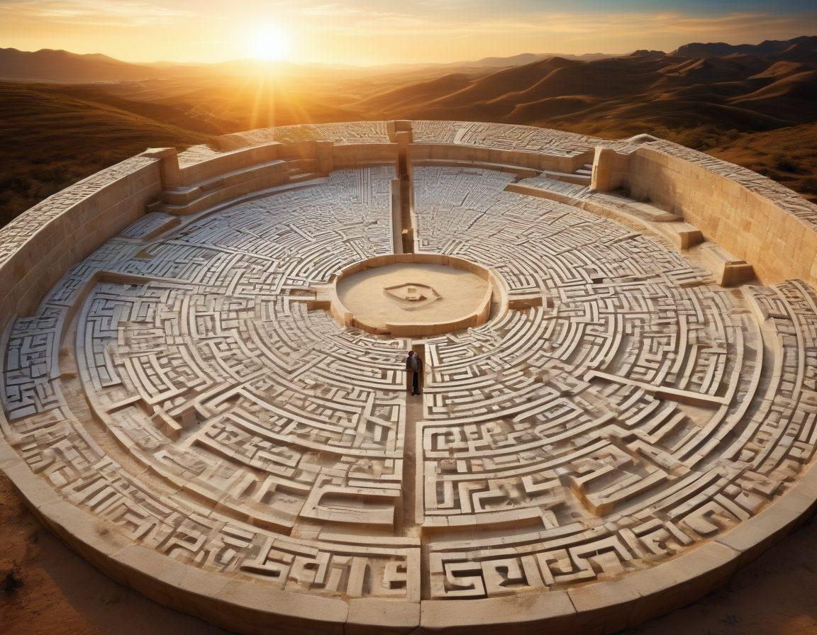 A labyrinthine maze made of insurance documents and symbols like shields, policies, and coins, with a person thoughtfully exploring its paths carrying a flashlight symbolizing guidance. The background shows a bright sky to represent hope and clarity. The scene is infused with vibrant colors to create an inviting atmosphere. super-realistic. vibrant colors. white background.